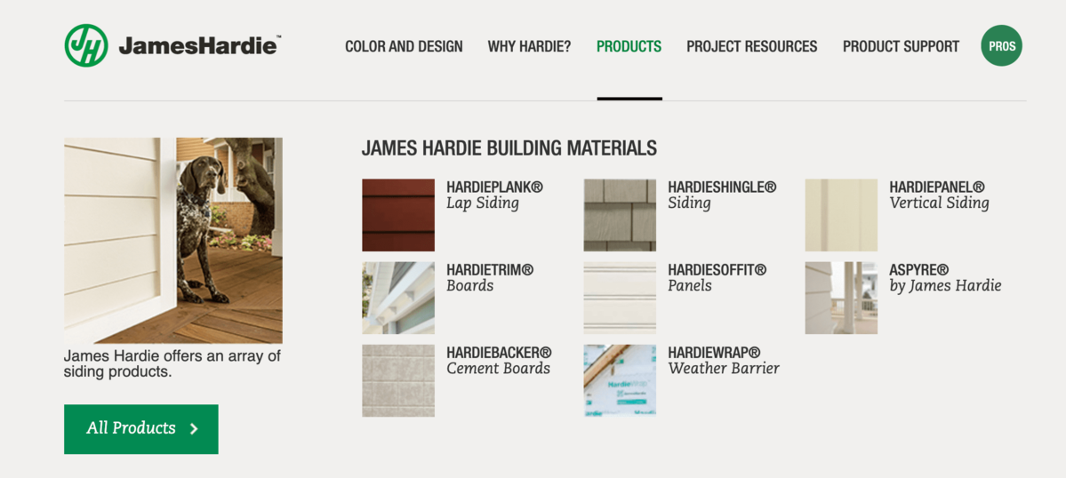 James Hardie Website Menu Products Dropdown